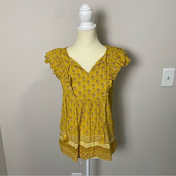 Rose + Olive Yellow Boho Short Flutter Sleeve Top W/ Tassels Women's Size Small - Picture 7 of 14